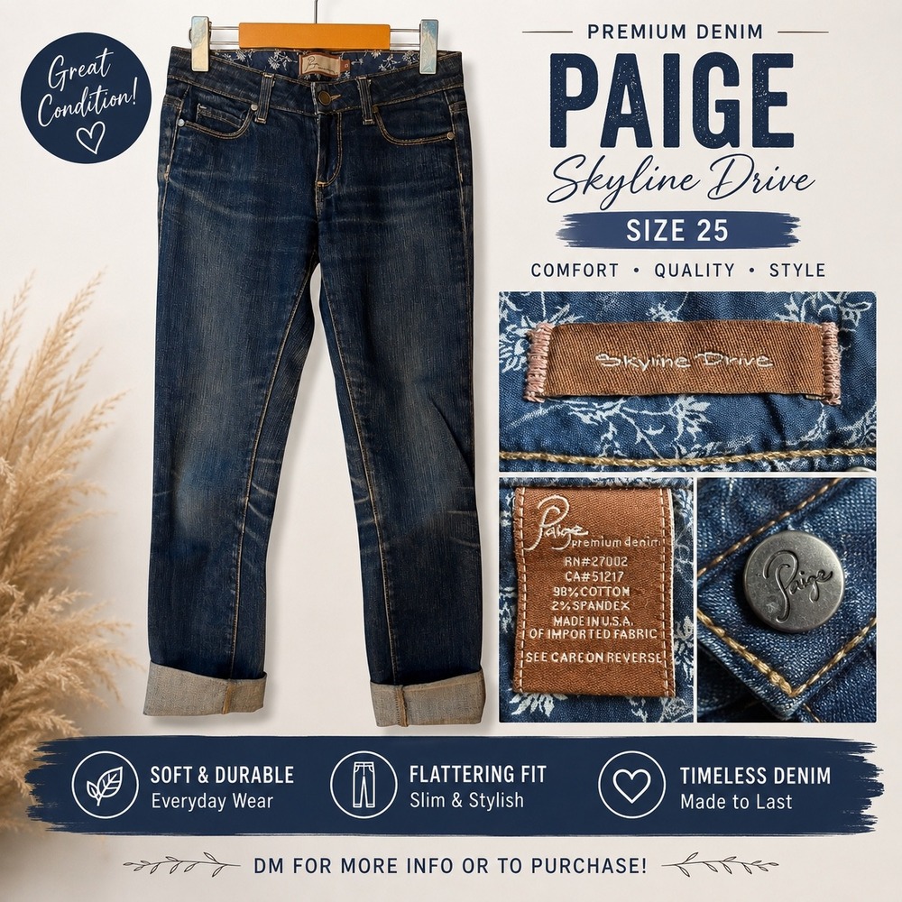 Paige Skyline Drive Slim Straight Leg Jeans Dark Wash Blue Denim Size 25 BB010
